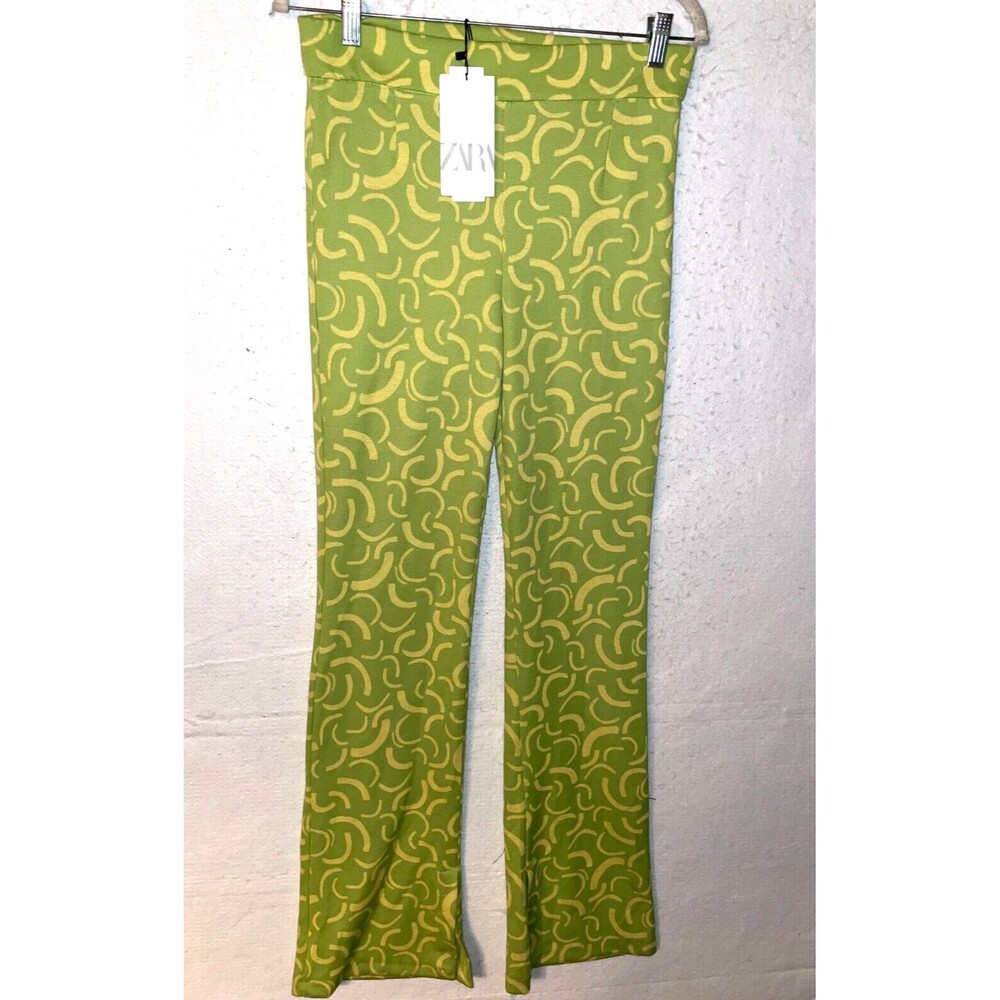 ZARA Lime Green and Yellow High Rise Flare Leg Pants Women's size L leggings